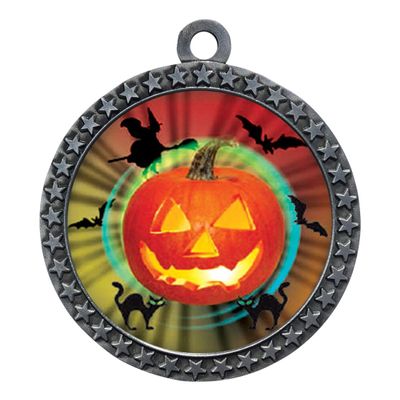 10 Pack of Halloween Silver 2.25 Inch Medals Trophy Awards with Red White Blue Neck Ribbons D212S-MY478-10PK