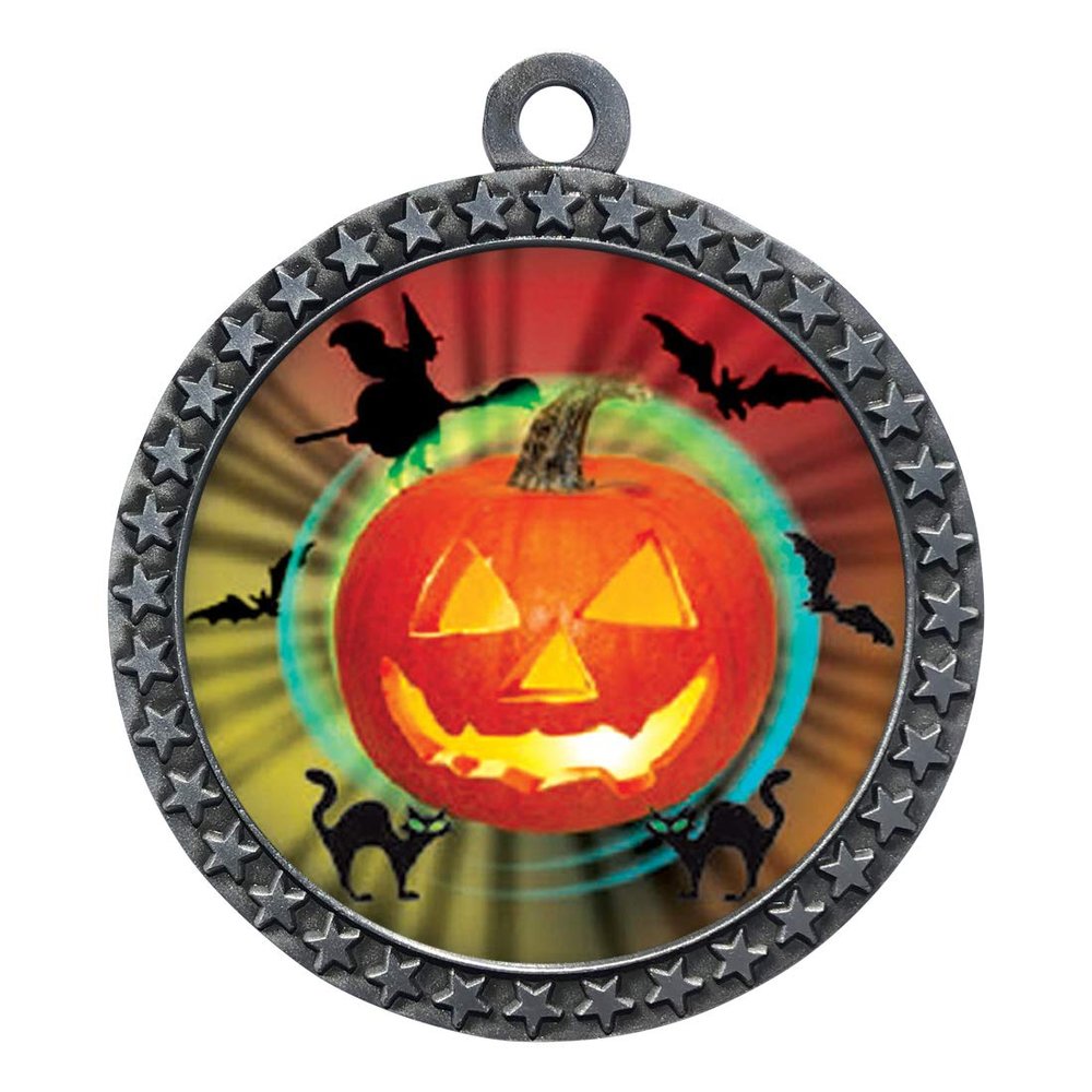 10 Pack of Halloween Silver 2.25 Inch Medals Trophy Awards with Red White Blue Neck Ribbons D212S-MY478-10PK