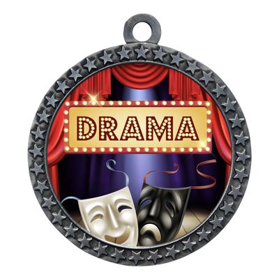 10 Pack of Drama Silver 2.25 Inch Medals Trophy Awards with Red White Blue Neck Ribbons D212S-EG90-10PK