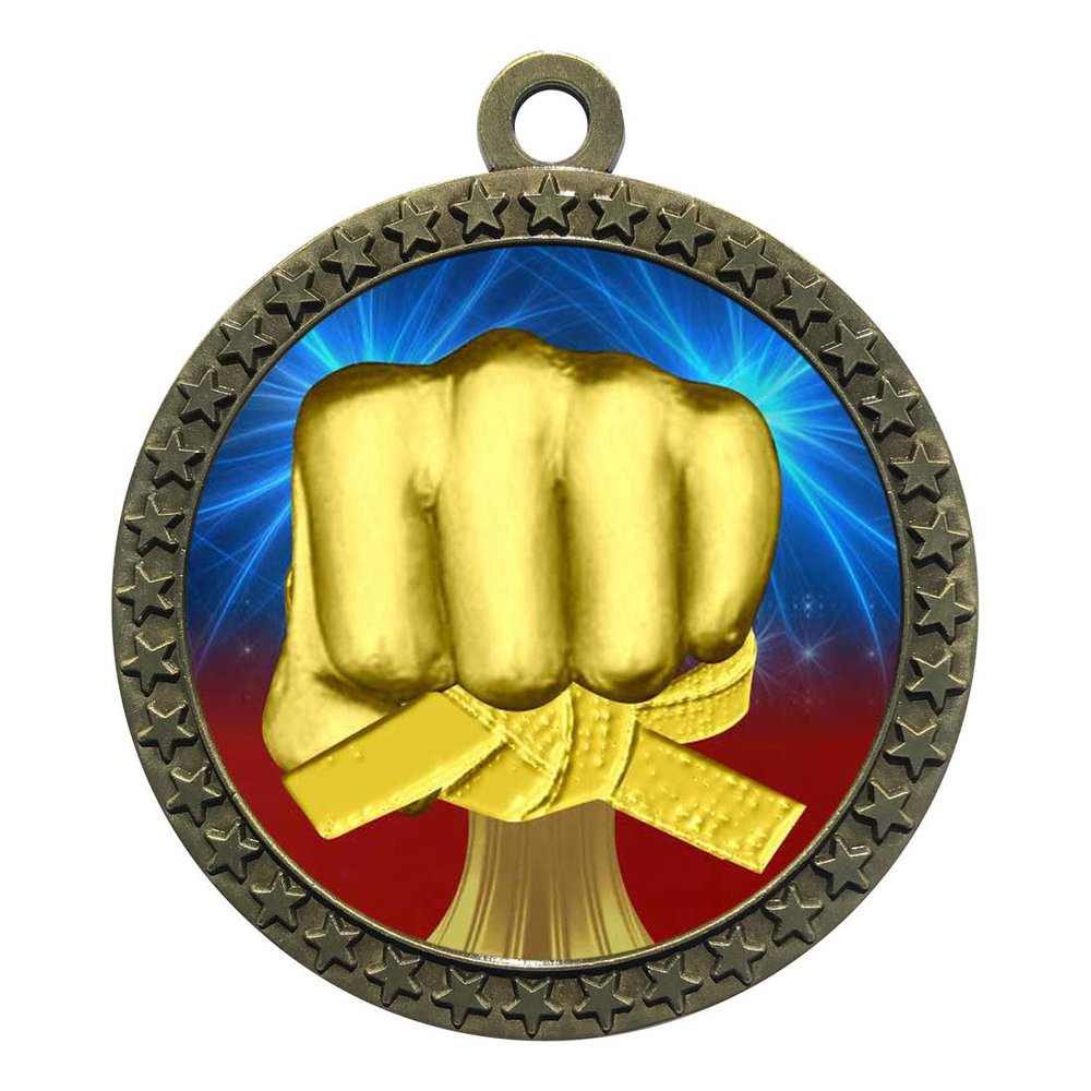 10 Pack of Martial Arts Gold 2.25 Inch Medals Trophy Awards with Red White Blue Neck Ribbons D212G-D25-10PK