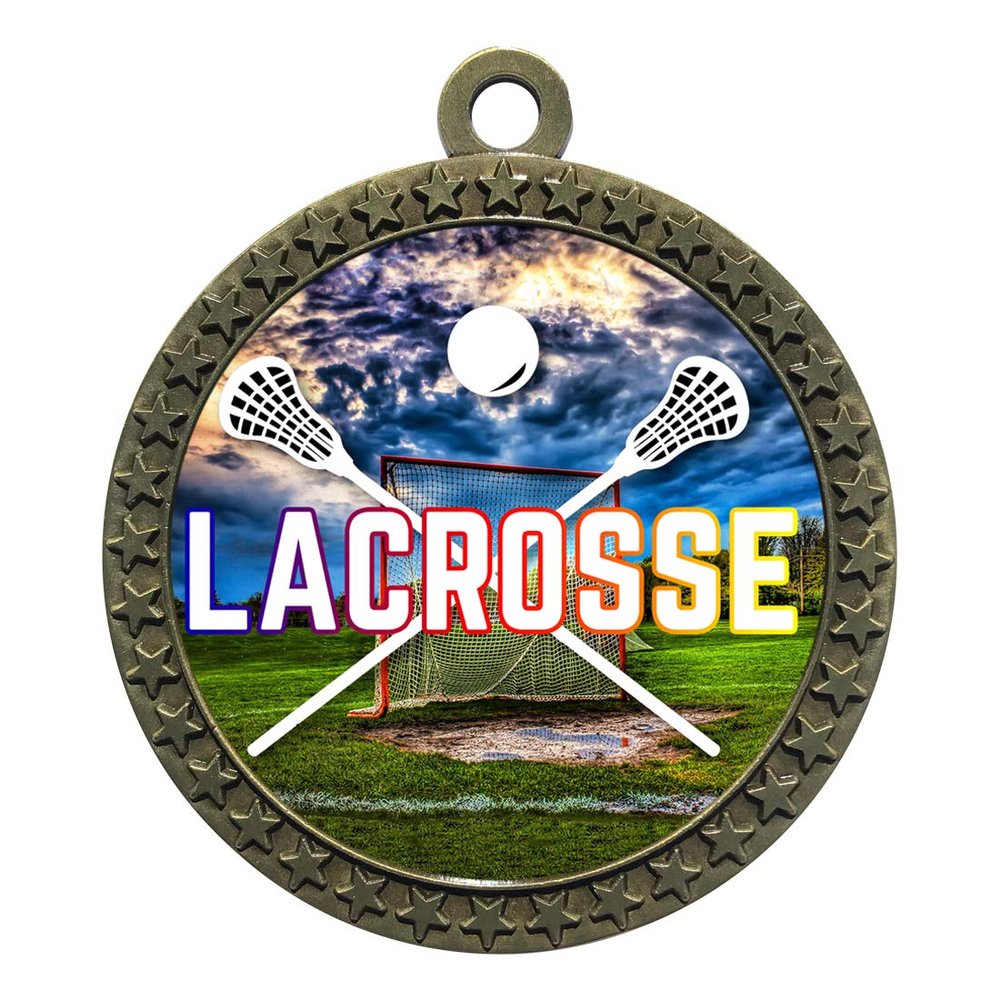 10 Pack of Lacrosse Gold 2.25 Inch Medals Trophy Awards with Red White Blue Neck Ribbons D212G-EG150-10PK