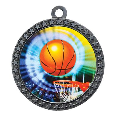 10 Pack of Basketball Silver 2.25 Inch Medals Trophy Awards with Red White Blue Neck Ribbons D212S-MY406-10PK