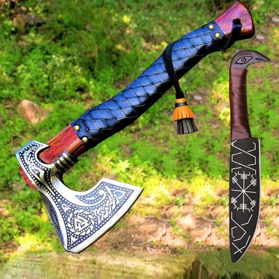 AFHZAM Viking Axe with Gift Vikings Knife Sheath | HandForged Carbon Steel Camping Axes and Hatchets Viking Gifts for Men | Bearded Vikings Valhalla Axe (Ax-64)