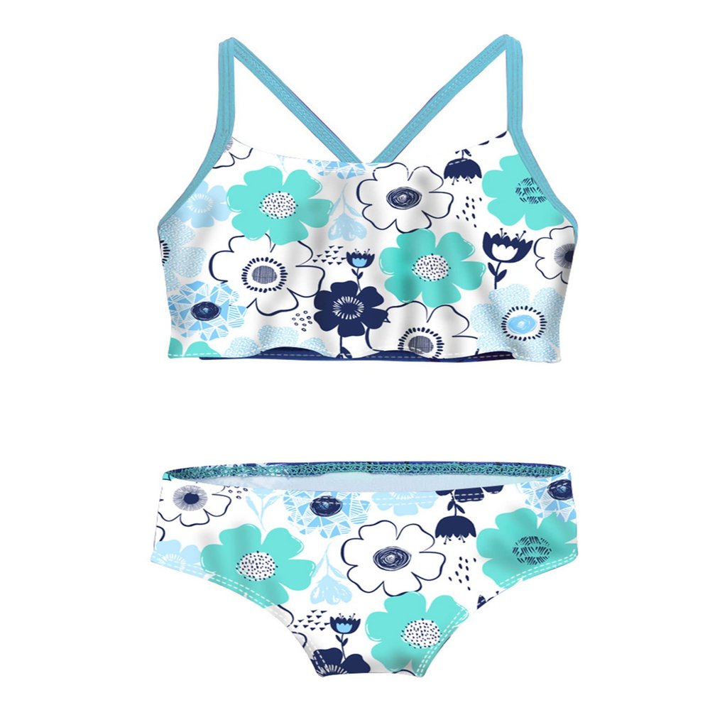 Moily Kids Girls Tropical Palm Bikini Set Criss Cross Back Ruffles Top with Bottoms Bathing Suit Beachwear Floral Mint Green A 3-4