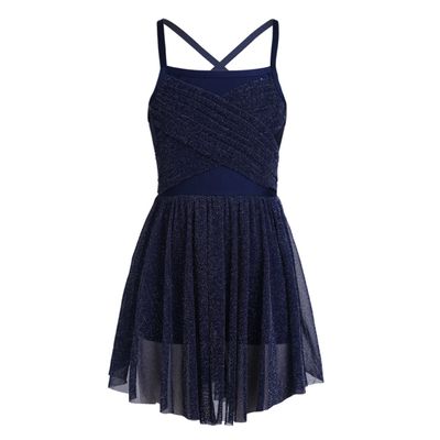TiaoBug Girls Spaghetti Chiffon Ballet Dance Dress Empire Waist Gymnastics Leotard Lyrical Ballerina Dance Costume Navy Blue 14-16