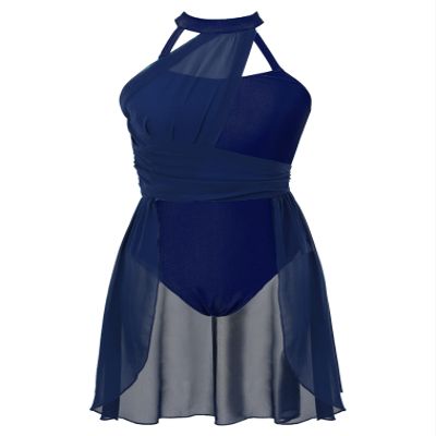 FEESHOW Women's Lyrical Ballet Dance Dress Halter Neck Leotard Dress Modern Contemporary Dance Costume Halter Neck Navy_Blue Medium