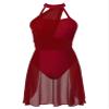 FEESHOW Women's Lyrical Ballet Dance Dress Halter Neck Leotard Dress Modern Contemporary Dance Costume Halter Neck Burgundy Small view 1