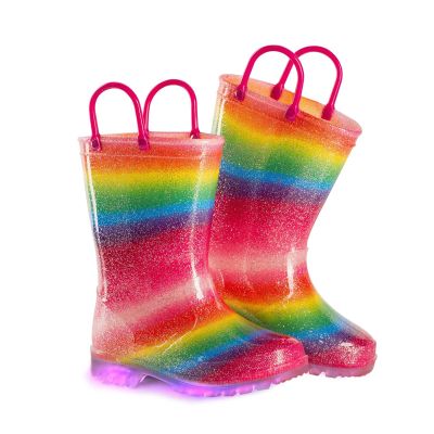 EUXTERPA Girls Glitter Light Up Waterproof Rain Boots Toddler Kids Rainbow Boots with Easy On Handles, Rainbow, Little Kid Size 11