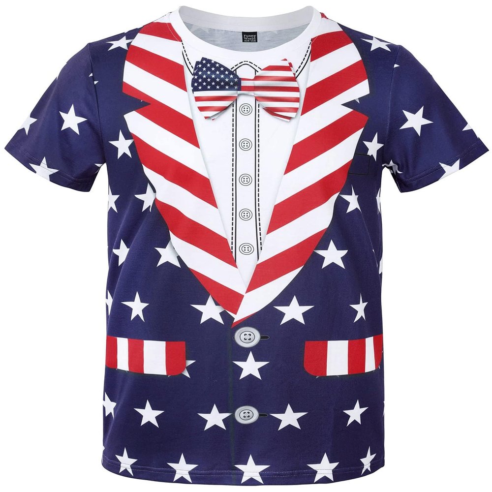 Funny World 4th of July Shirts for Men American Flag Patriotic Shirt, Blue, 4X-Large