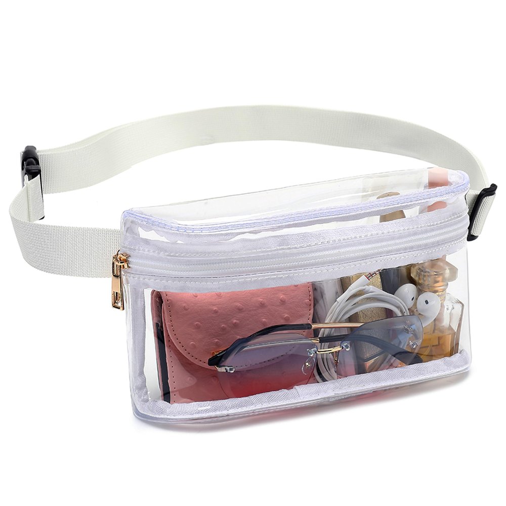 Clear Fanny Pack, Stadium Approved Clear Belt Bag for Women, Waterproof Transparent Waist Bag for Sports, Travel, Concerts (White)