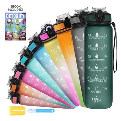 BBRATS Unbreakable Water Bottle with Motivational Time Marker, Leakproof Durable BPA-Free Non-Toxic Water Bottle, Detoxing eBook included, Hunter Green, 1 Liters
