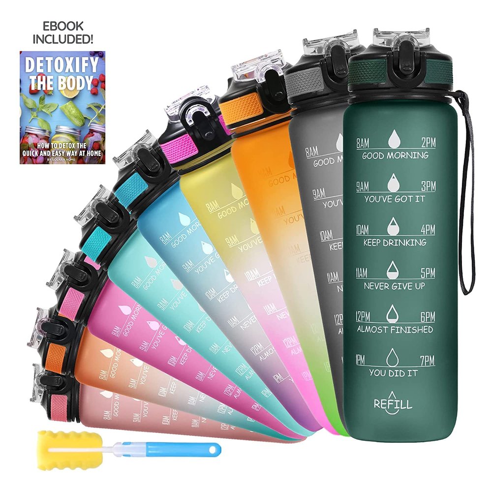 BBRATS Unbreakable Water Bottle with Motivational Time Marker, Leakproof Durable BPA-Free Non-Toxic Water Bottle, Detoxing eBook included, Hunter Green, 1 Liters