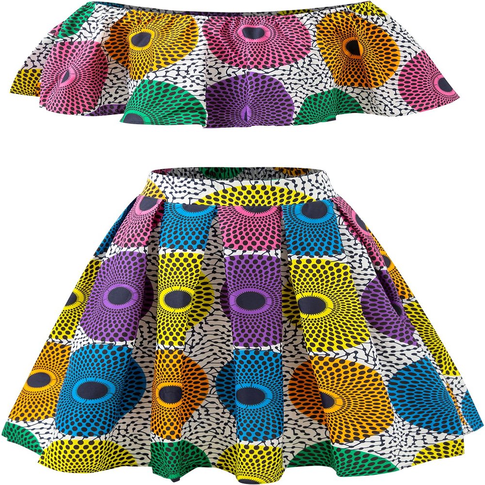 SHENBOLEN Women African Print Skirts Ankara Floral Top Set 2 Piece (Large,A)