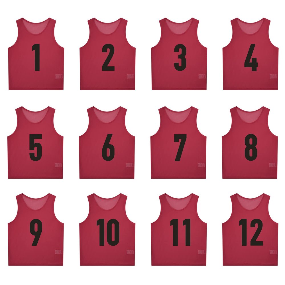 SHIJIXING 12 Pack1-12 Numbered Pinnies/Scrimmage Vest/Team Practice Jerseys for Basketball, Soccer, Football (L, 1-12 Red)