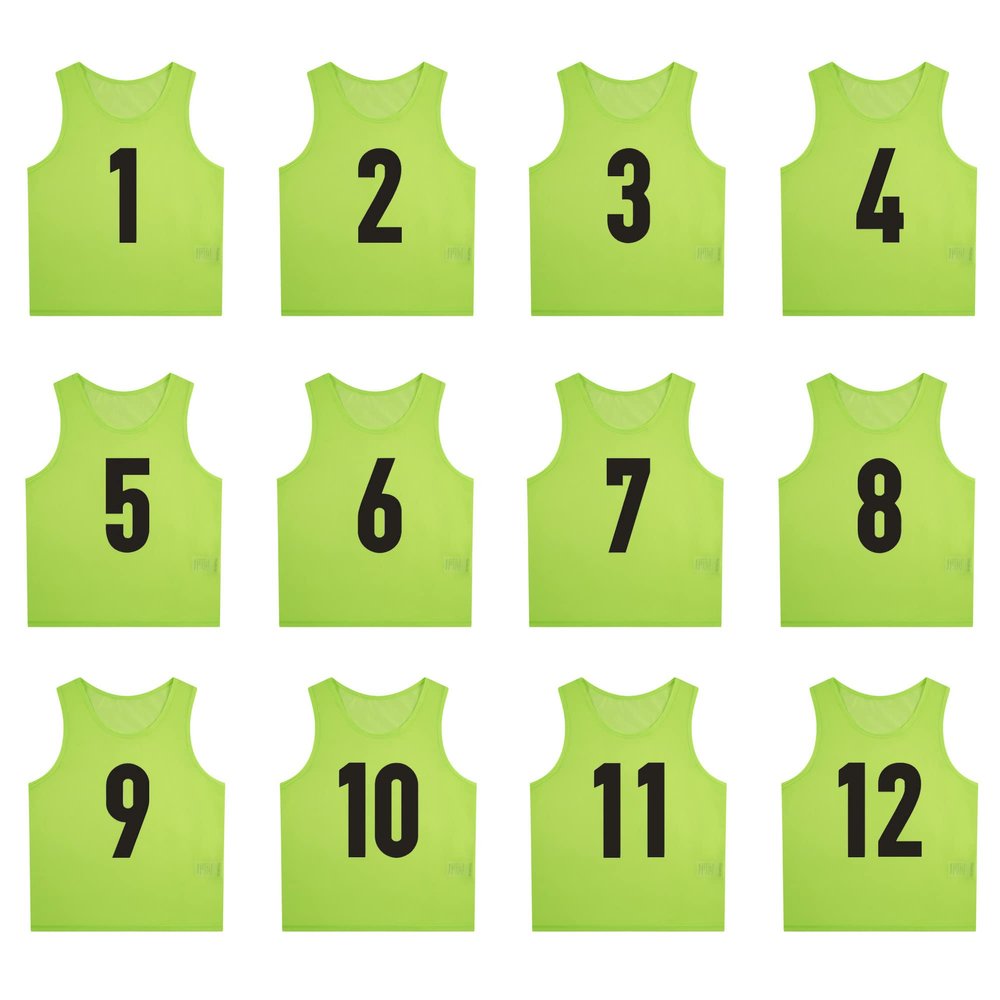 SHIJIXING 12 Pack1-12 Numbered Pinnies/Scrimmage Vest/Team Practice Jerseys for Basketball, Soccer, Football (L, 1-12 Neon Green)