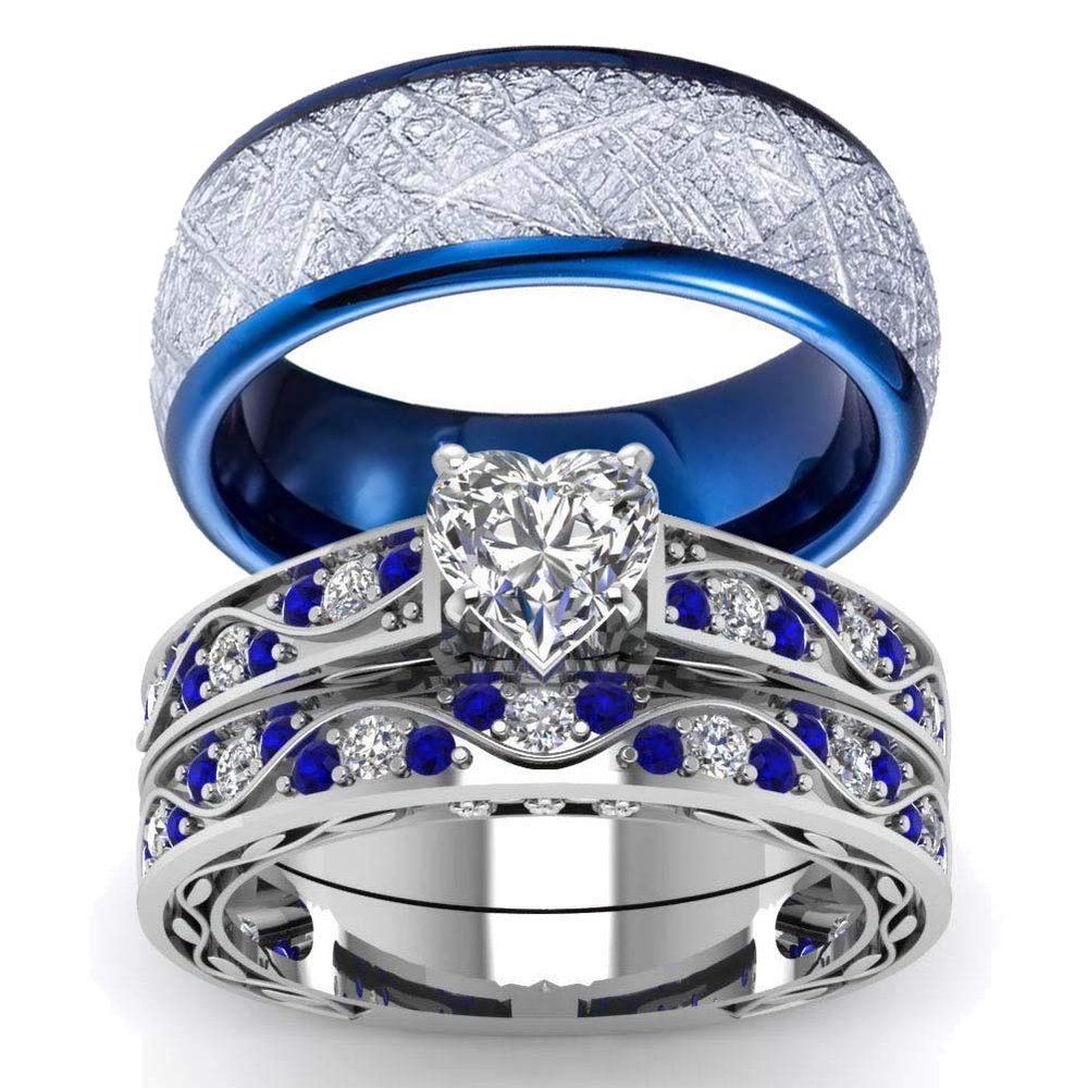 His Hers Wedding Ring Sets Couples Matching Rings Women's 10k White Gold Filled Heart CZ Wedding Engagement Ring Bridal Sets & Men's Tungsten Carbide Wedding Band