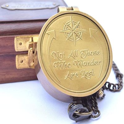 Not All Those Who Wander are Lost Brass Compass, Engravable Compass - Pocket Compass - Brass Compass with Wooden Box - Camping Compass