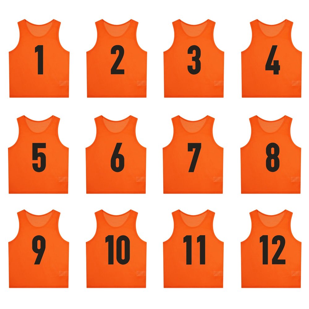 SHIJIXING 12 Pack1-12 Numbered Pinnies/Scrimmage Vest/Team Practice Jerseys for Basketball, Soccer, Football (XL, 1-12 Orange)