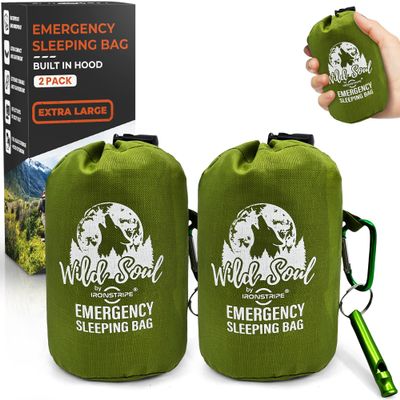 Ironstripe Bivy Sack Sleeping Bag Extra Large 94'' x 48'' Built-in Hood, Survival Sleeping Bag with Emergency Whistle, Thermal Mylar Tear & Puncture-Resistant Emergency Bivy Bag