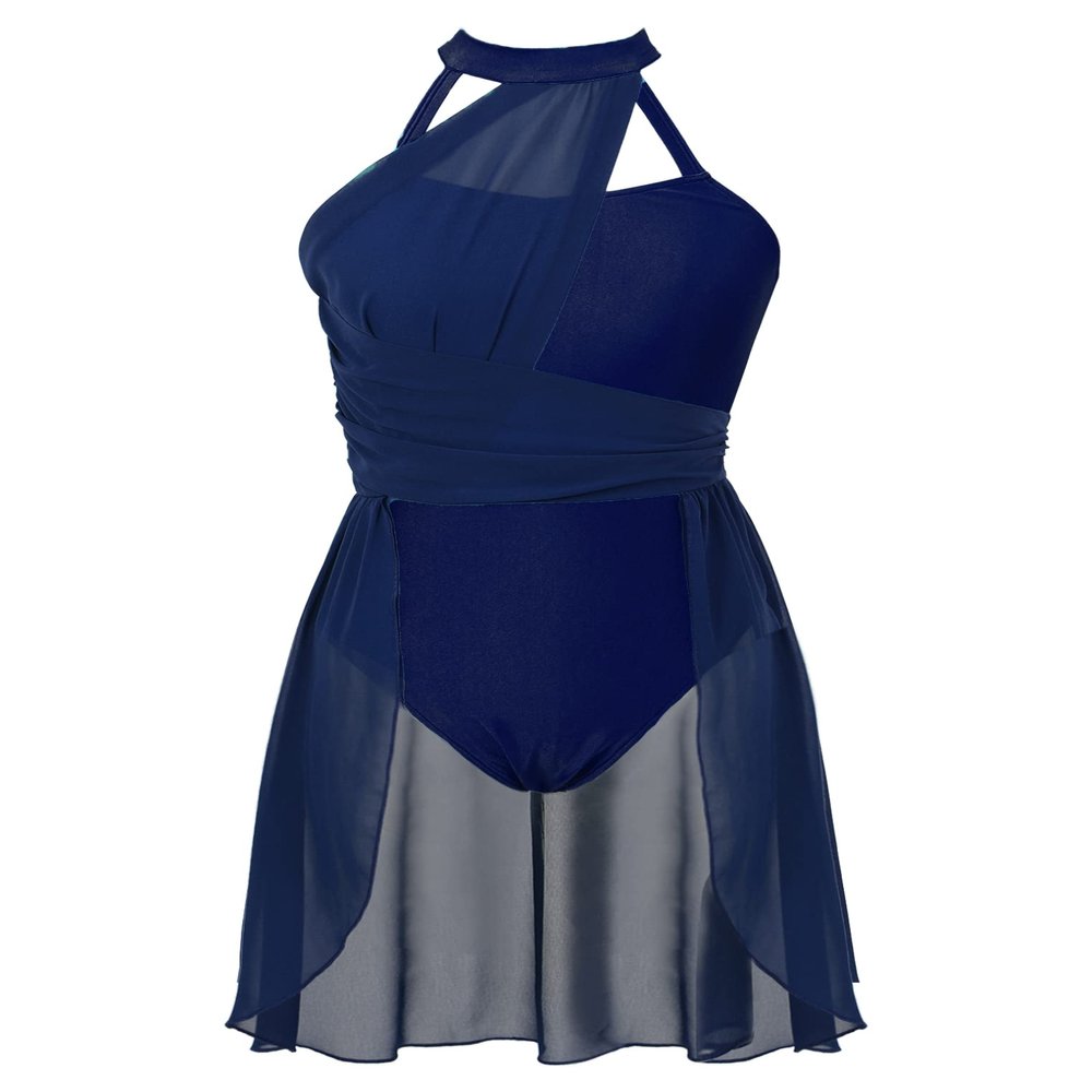 Freebily Womens Adult Lyrical Ballet Dance Leotard Flowy Sleeveless Halter Neck Dress Modern Contemporary Dancewear Navy_Blue Large