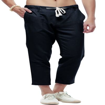 chouyatou Men's Casual Drawstring Straight Fit Beach Linen Capri Pants (Large, Navy)