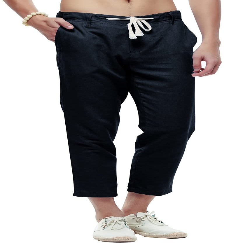 chouyatou Men's Casual Drawstring Straight Fit Beach Linen Capri Pants (Large, Navy)
