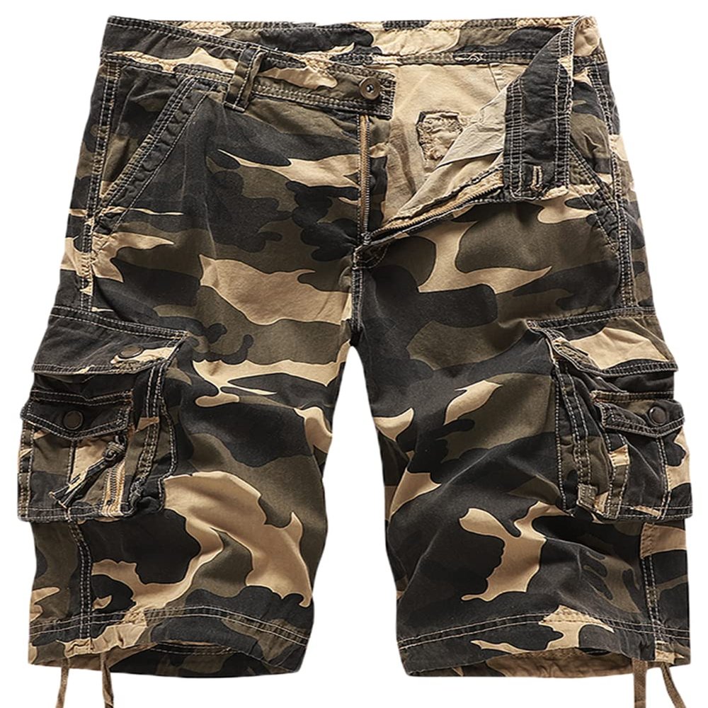 AbelWay Men's Cotton Camo Multi Pockets Outdoor Casual Relaxed Fit Camouflage Cargo Shorts(Khaki,30)