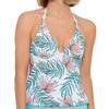 SALT + COVE Women's Turquoise Printed Removable Cups Lined Deep V Neck Tie Calm Palm Halter Tankini Swimsuit Top L view 1