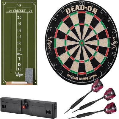 Viper Dead-On Bristle Dartboard, Viper Small Cricket Chalk Scoreboard, Throw Line Light, and Viper Black Mariah Steel Tip Darts 22 Grams
