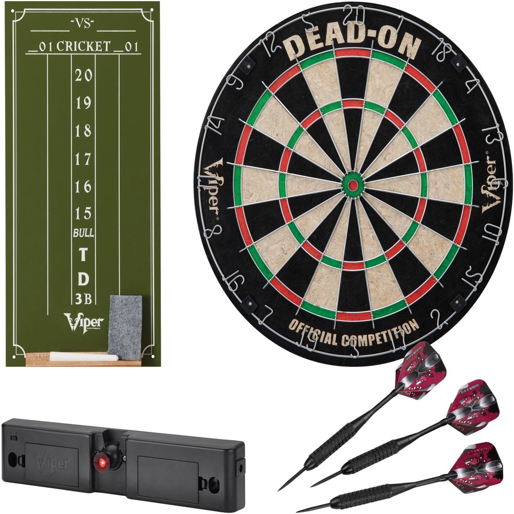 Viper Dead-On Bristle Dartboard, Viper Small Cricket Chalk Scoreboard, Throw Line Light, and Viper Black Mariah Steel Tip Darts 22 Grams