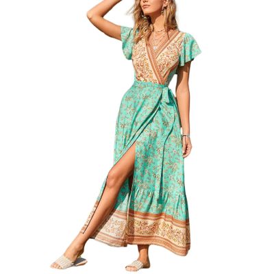 Women's Maxi Boho Floral Dress V-Neck Wrap Summer Long Dress Tie Waist Swing Flowy Beach Dresses Sexy Bohemian Sundress (Green, S)