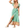Women's Maxi Boho Floral Dress V-Neck Wrap Summer Long Dress Tie Waist Swing Flowy Beach Dresses Sexy Bohemian Sundress (Green, S) view 1