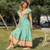 Women's Maxi Boho Floral Dress V-Neck Wrap Summer Long Dress Tie Waist Swing Flowy Beach Dresses Sexy Bohemian Sundress (Green, S) view 4