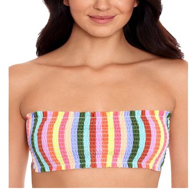 SALT + COVE Women's Pink Striped Removable Strap Smocked Cabana Bandeau Swimsuit Top XS