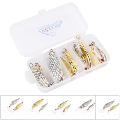 10PCS Spoons Fishing Lures Treble Hooks Salmon Bass Metal Fishing Lure Baits Kit with Tackle Box (Style A-10PCS)