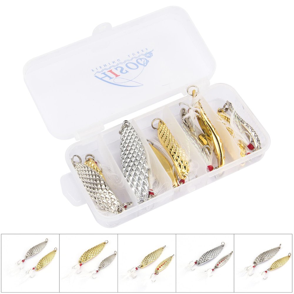 10PCS Spoons Fishing Lures Treble Hooks Salmon Bass Metal Fishing Lure Baits Kit with Tackle Box (Style A-10PCS)