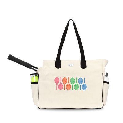 Ame & Lulu Love All Court Bag - Premium Tennis Tote with Racket Pocket, Water Bottle Holders, Protective Metal Feet, & Canvas Design - Perfect for Matches, Workouts, & Everyday Use (Rainbow Racquets)