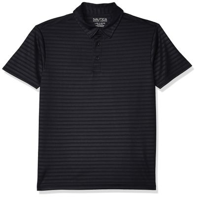 Nautica Boys Active Short Sleeve Shirt, Button Closure & Embossed Stripes, Breathable Performance Fabric Polo, Navy, 18-20 Husky