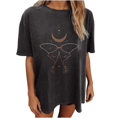 Summer Y2k Tops for Womens, Casual Vintage Short Sleeve T-Shirt, Girls Oversize Loose Round Neck Elastic Tee