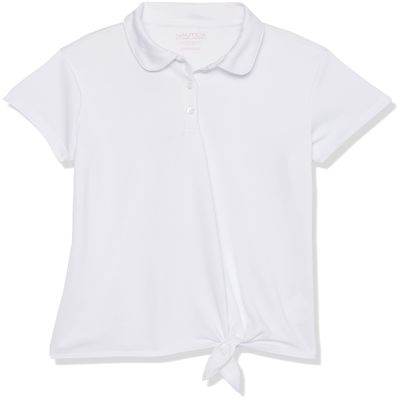 Nautica Girls' School Uniform Short Sleeve Performance Polo, White/Tie Front, 16-18 Plus