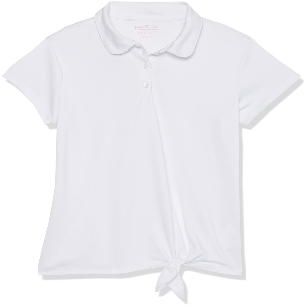 Nautica Girls' School Uniform Short Sleeve Performance Polo, White/Tie Front, 16-18 Plus
