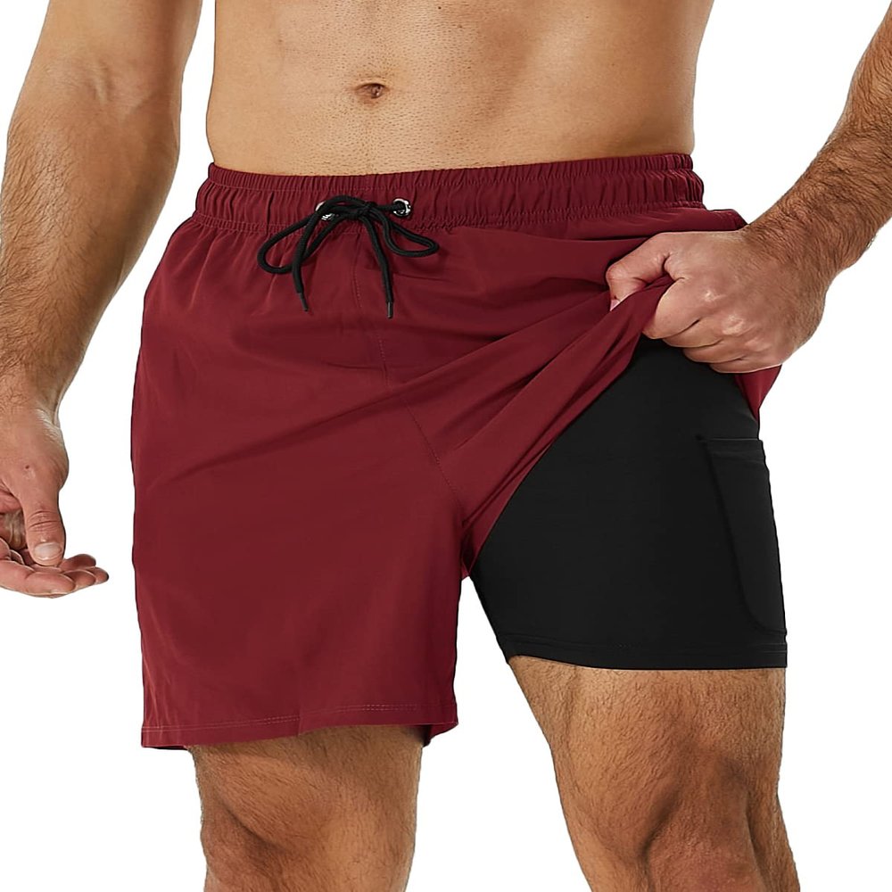 SILKWORLD Mens Swimming Trunks with Compression Liner 2 in 1 Quick-Dry Swim Shorts with Zipper Pockets Dark Red