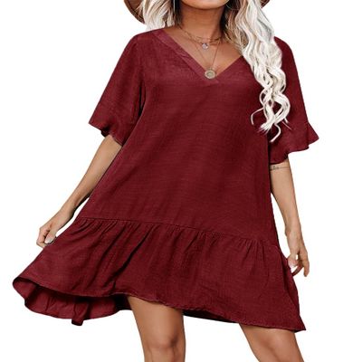 Aoulaydo Swimsuit Cover Ups for Women Sexy Beach Cover Up Dress Short Sleeves Bathing Suit Coverup Wine Red