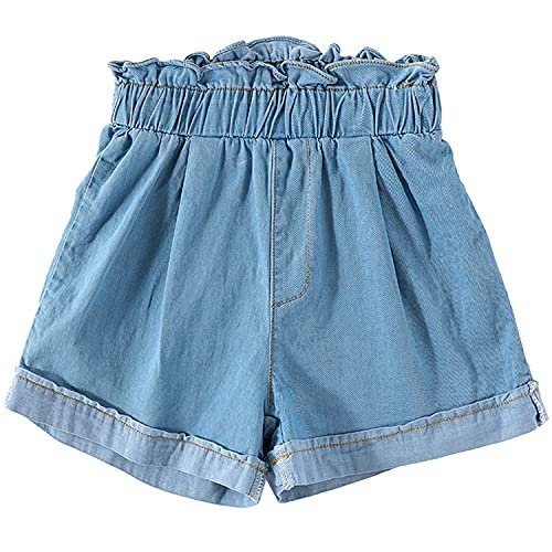 EISHOW Little Girl Cotton Denim Shorts Elastic High Waist Ruffle Short Jeans Kids Summer Casual Pull on Denim Shorts (Ruffle-Light Blue,5Y,5 Years)