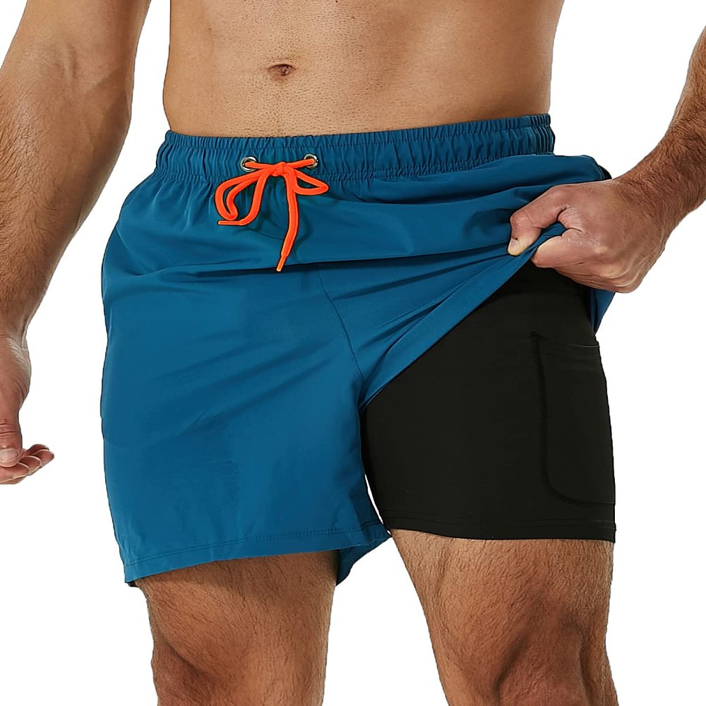 SILKWORLD Mens Swimming Trunks with Compression Liner 2 in 1 Quick-Dry Swim Shorts with Zipper Pockets Peacock Blue