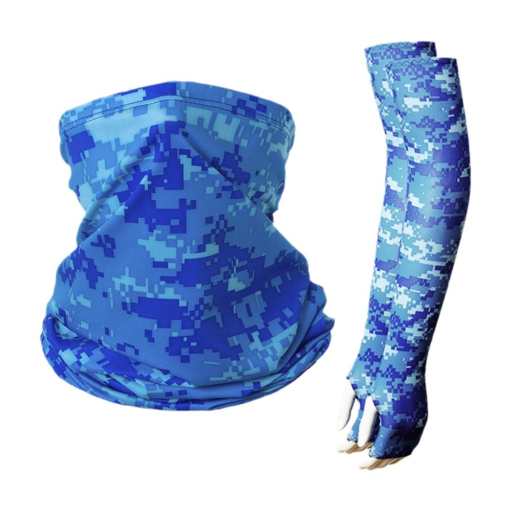 Tsangbaby Camouflage Cooling Face Covers Arm Sleeves Set Sun Protection Neck Gaiters Ice Silk Sleeves with Thumb Holes for Men Sky Blue