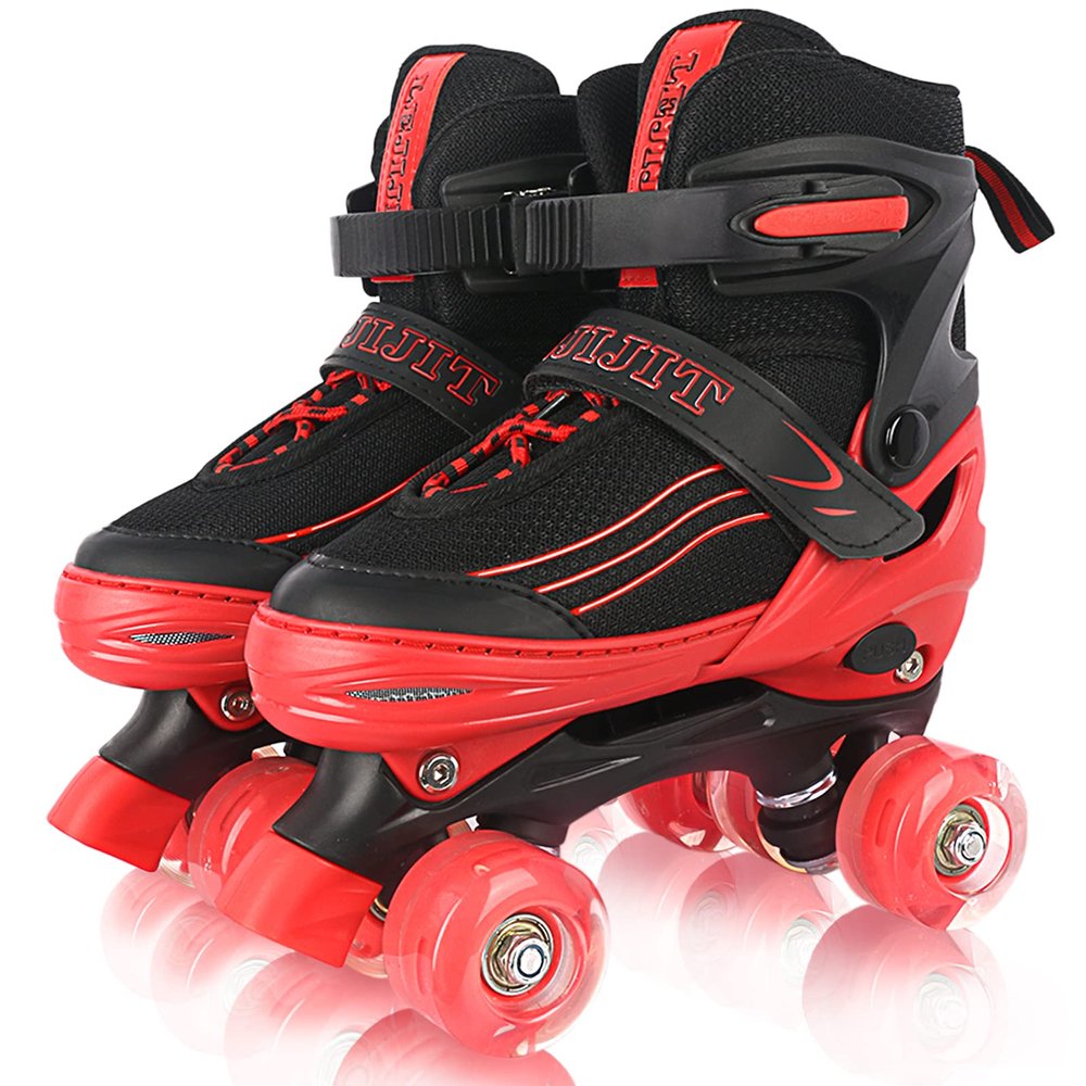 LEJIJIT Adjustable Roller Skates for Boys Girls Toddler Ages 3-12, 4 Sizes for Kids and Youth Adult with Light Up Wheels, Black Red Roller Skates for Sports. (Toddler 7C-10C)