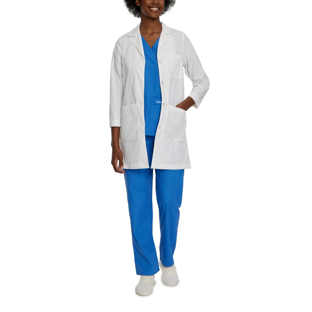 Landau Relaxed Fit 3-Pocket 4-Button Full-Length Lab Coat for Women 3155 White 14T
