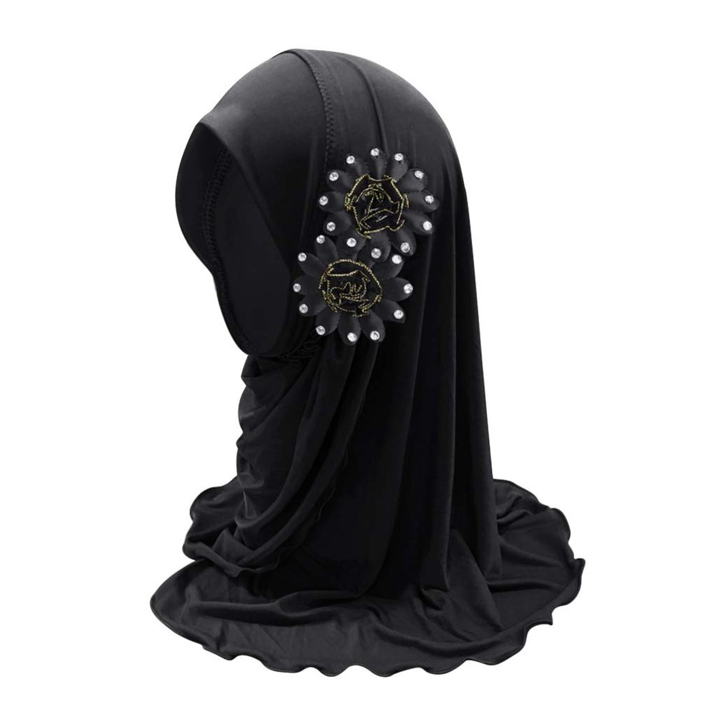 Girls Muslim Hijab Floral Lace Head Scarf Islamic Arab Scarf Shawls Head Wrap with Flowers Rhinestones for Girls