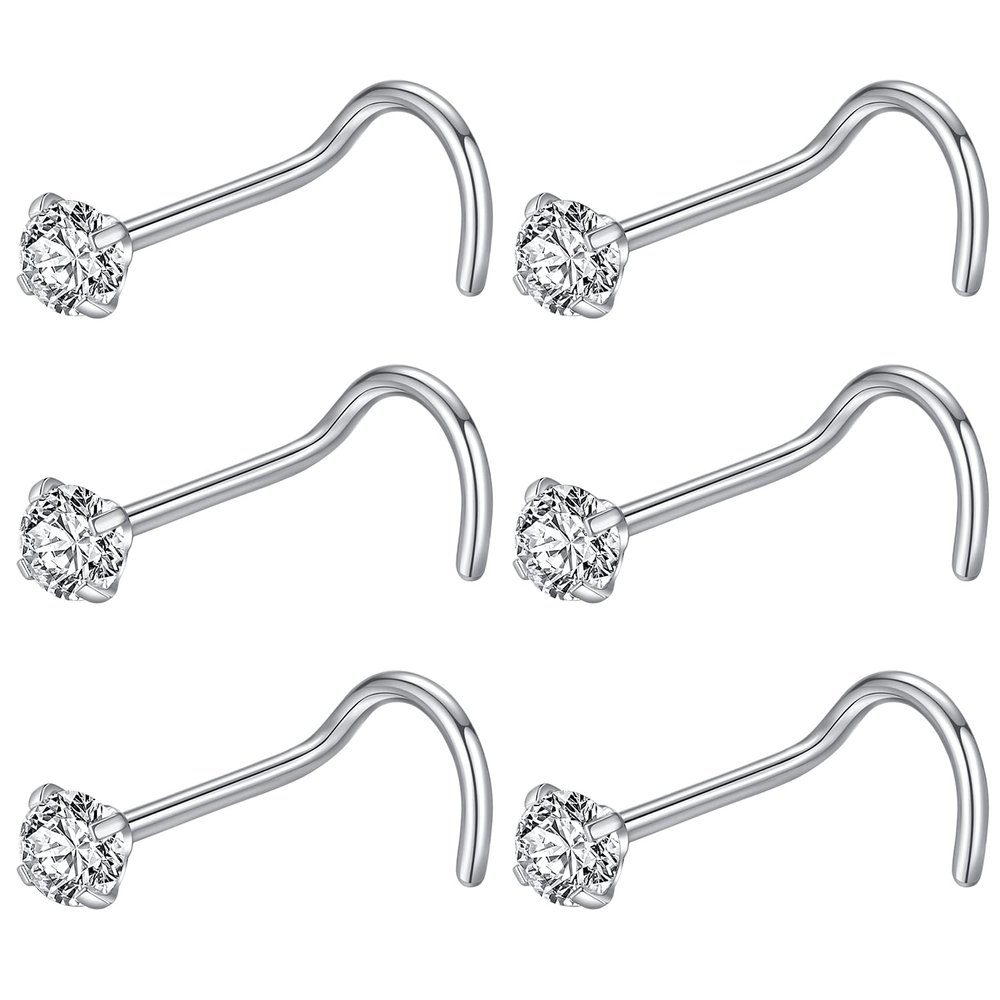 BLESSMYLOVE 6pcs 22g 3.0mm Clear CZ 316L Surgical Steel Silver Screw Nose Rings Studs Nose Nostrial Piercing Body Jewerly Screw Nose Rings for Women 22 gauge 3.0mm Cubic Zirconia Stainless Steel Nose Rings